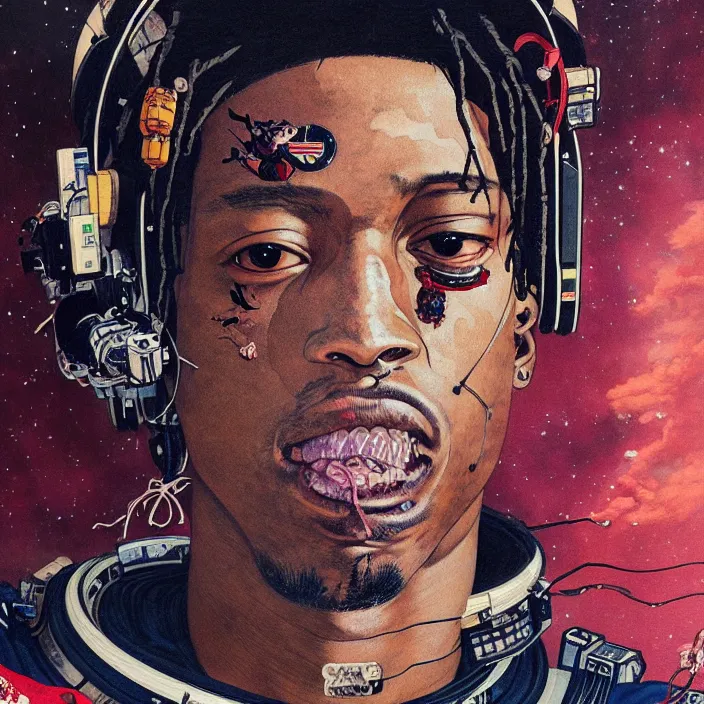 Image similar to a beautiful ukiyo painting of travis scott as a spacepunk battle space pilot, wearing space techwear, detailed close up portrait, intricate complexity, concept art, by takato yamamoto, wlop, krenz cushart. cinematic dramatic atmosphere, sharp focus, digital full likeness art. center frame