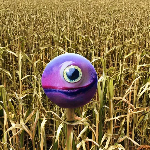 Prompt: model of a giant eyeball! in a farmers corn field
