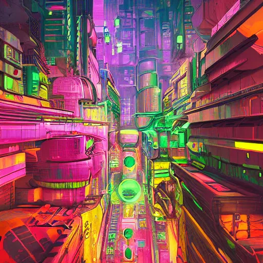 Prompt: Neon factory in big city, big spaceship loading in cargo, space station, Colorful, cyberpunk, high detail, photo realistic, art station