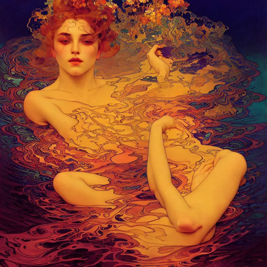 Image similar to transcendent mind bending indigo waves of glossy psychedelic liquid honey flowing like kaleidoscopic translucent amber, lsd waves, honey ripples, enlightenment, dramatic professional lighting, refracted sunset lighting, art by collier, albert aublet, krenz cushart, artem demura, alphonse mucha