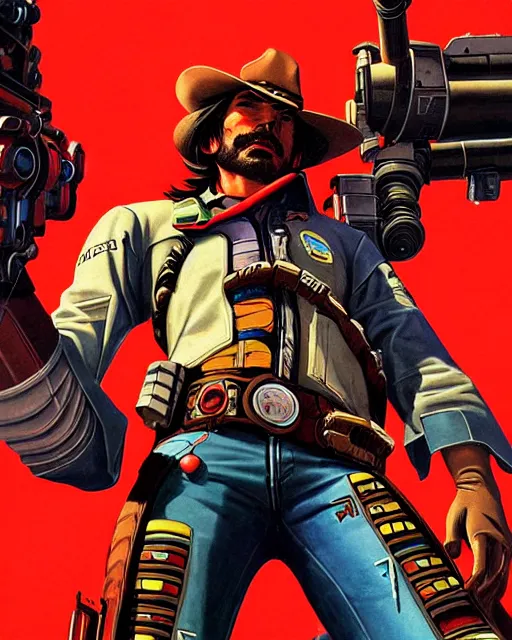 Image similar to mccree from overwatch, cyber space cowboy, outter space, character portrait, portrait, close up, concept art, intricate details, highly detailed, vintage sci - fi poster, retro future, vintage sci - fi art, in the style of chris foss, rodger dean, moebius, michael whelan, and gustave dore