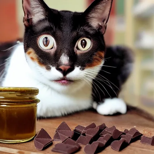 Prompt: cat filled with chocolate and honey