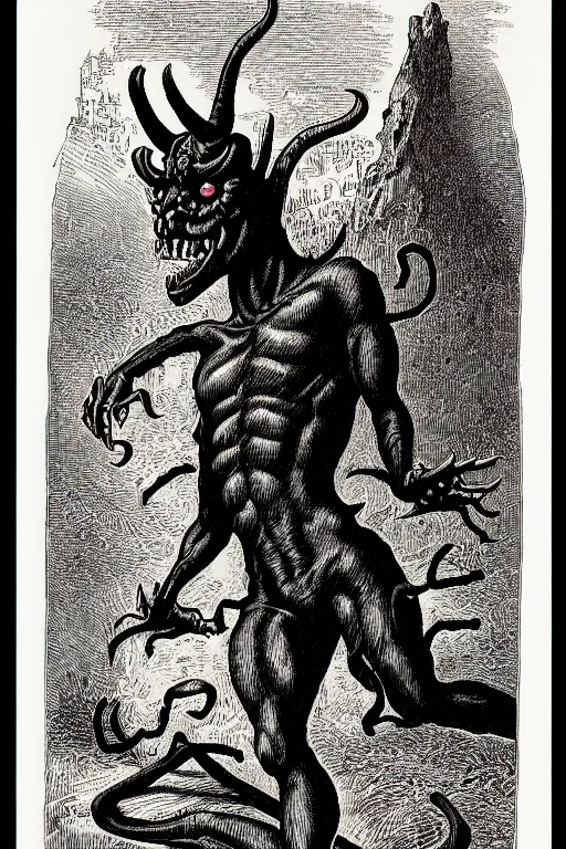 Image similar to the fresno nightcrawler, as a demon from the dictionarre infernal, pen - and - ink illustration, etching by louis le breton, 1 8 6 9, 1 2 0 0 dpi scan, ultrasharp detail, hq scan, intricate details, stylized border