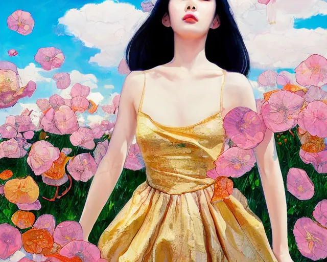 Prompt: lee jin - eun in elegant chic multiversal dress emerging from gold gold by martine johanna, michael garmash and katsuhiro otomo, rule of thirds, seductive look, beautiful, cotton candy clouds, puyallup berteronian, himalayan poppy flowers, gorgeous, face anatomy, refined, masterpiece