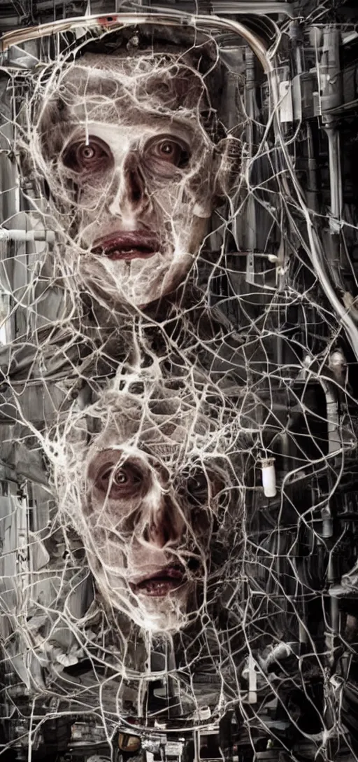 Image similar to horror of elon musk and mark zuckerberg fused together with scaffolding and pipes, body horror, pipes, disturbing, scary, dark, 4K, creepy