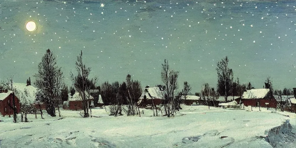 Prompt: a scene of a small rural russian village at night, stars, moon, wintertime, painting by isaac levitan