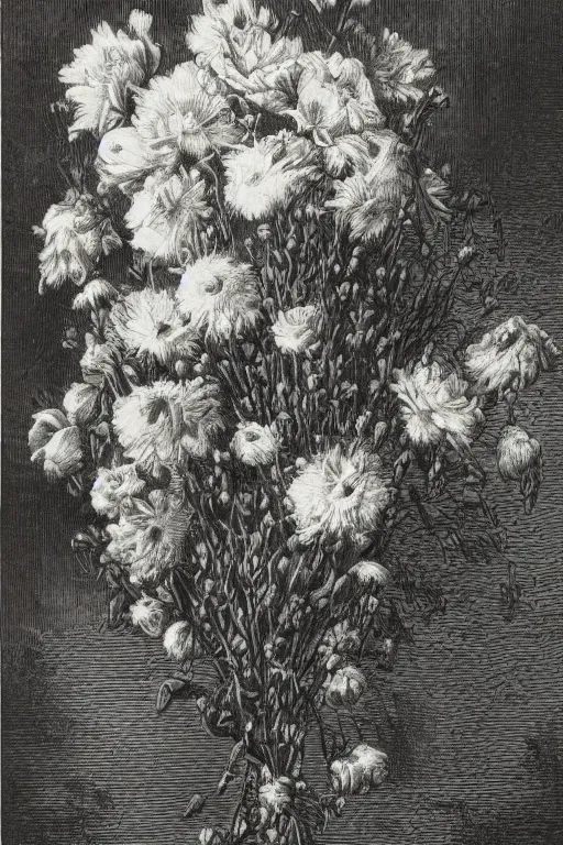 Image similar to black and white, close-up flower bouquet, Gustave Dore lithography