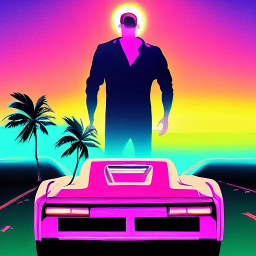 Prompt: a guy leaning against a synthwave car looking off into the sunset in miami, synthwave, vaporwave, digital painting, retro 8 0's box cover art