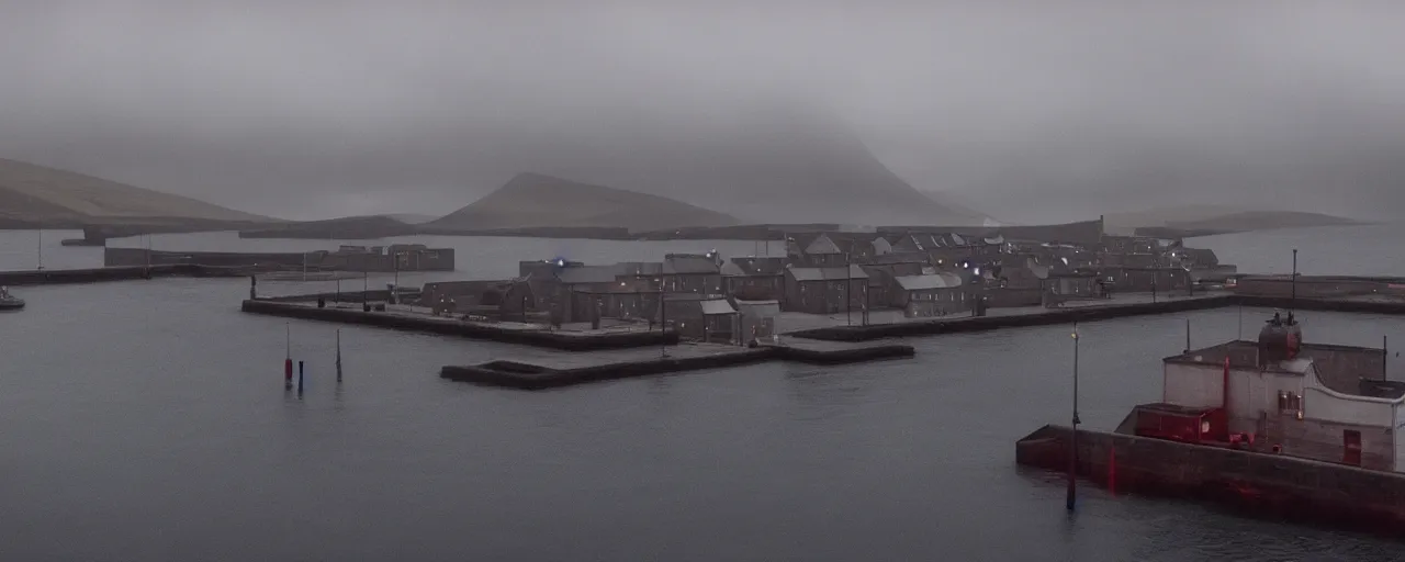 Prompt: the harbour at Stromness orkney, from Blade Runner 2049 (2017), cinematic,