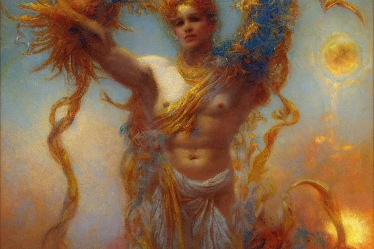 Image similar to portrait of the personification of the sun, god of all things. art by gaston bussiere.