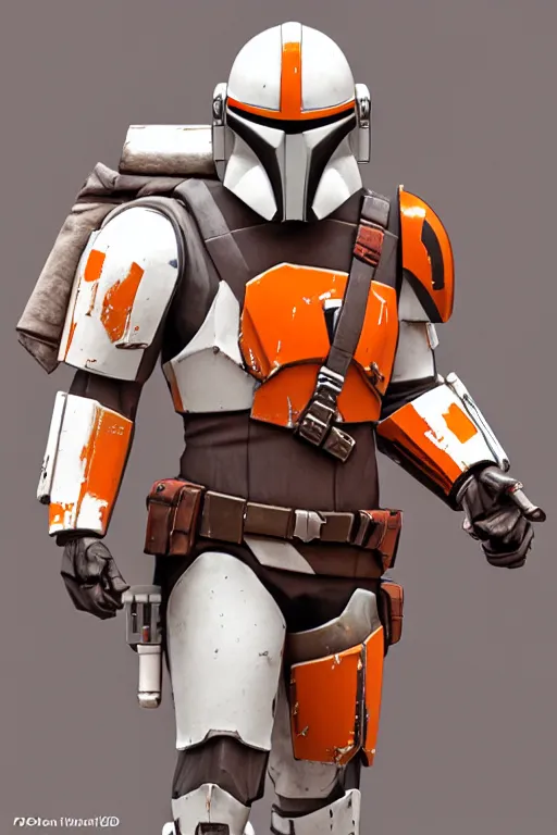 Image similar to mandalorian overwatch echo style statue made of white and orange marble standing, 3 d render, octane render, unreal engine, overwatch, detailed, dynamic light, beautiful, rococo, accents of red