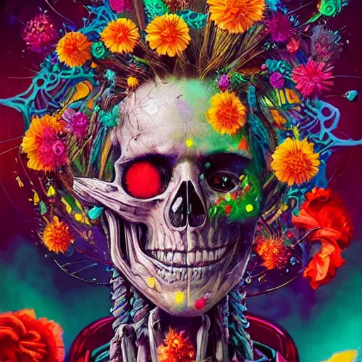 Prompt: art portrait of skeleton with colorful flowers exploding out of head,8k,by tristan eaton,Stanley Artgermm,Tom Bagshaw,Greg Rutkowski,Carne Griffiths,trending on DeviantArt,face enhance,hyper detailed,minimalist,cybernetic, android, blade runner,full of colour,