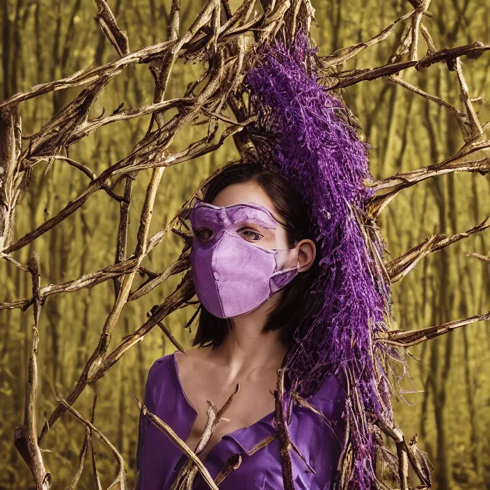 Prompt: a woman with a mask made of purple twigs standing in a forest, golden hour, vogue magazine