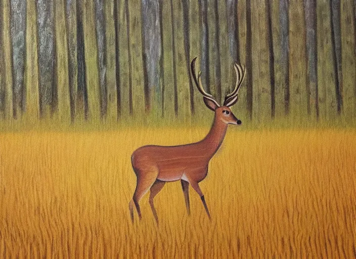 Image similar to A painting of a deer standing in a wheat field surrounded by a forest