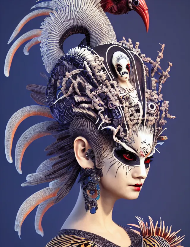 Image similar to 3 d goddess close - up profile portrait punk with mohawk with ram skull. beautiful intricately detailed japanese crow kitsune mask and clasical japanese kimono. betta fish, jellyfish phoenix, bio luminescent, plasma, ice, water, wind, creature, artwork by tooth wu and wlop and beeple and greg rutkowski