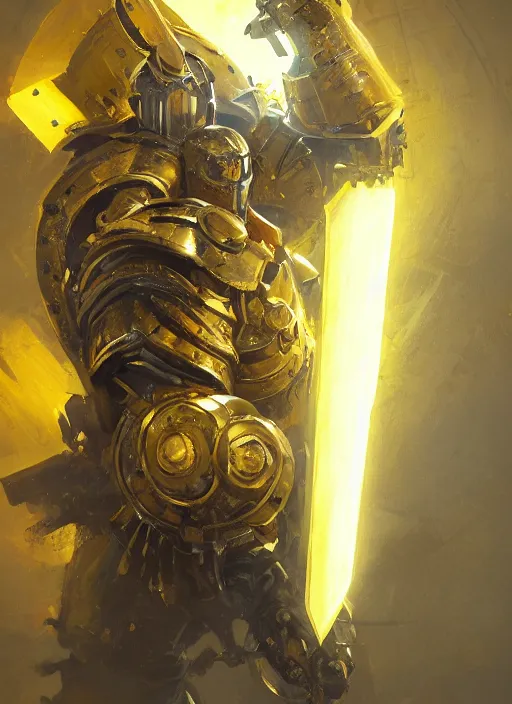 Prompt: dynamic abstract portrait of a intricate glorious holy mechanical warforged character in yellow armor holding a paladin engraved great longsword drawn and carrying a big paladin shield, spotlight from face , epic , trending on ArtStation, masterpiece, cinematic lighting, by Ross Tran and by Greg Rutkowski