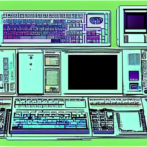 Image similar to A computer from the 90s in the style of vaporwave