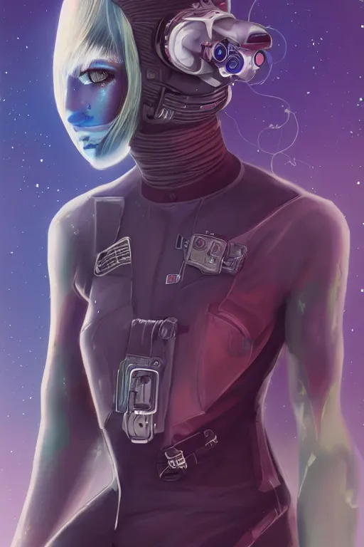 Prompt: upper body portrait cyberpunk villaincore lunarpunk androgynous voidpunk eclipsekin otherkin persona, nebula spacesuit visor, tattered clothing, jumpsuit, cyborg, by lisa frank and alan lee single face, trending on artstation, wlop, detailed, intricate, elegant