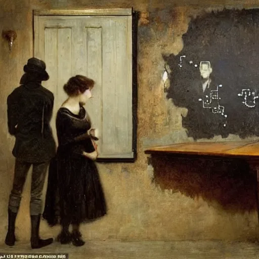 Image similar to a young man and a young woman solving an escape room puzzle, mysterious markings on the wall, by alfred stevens