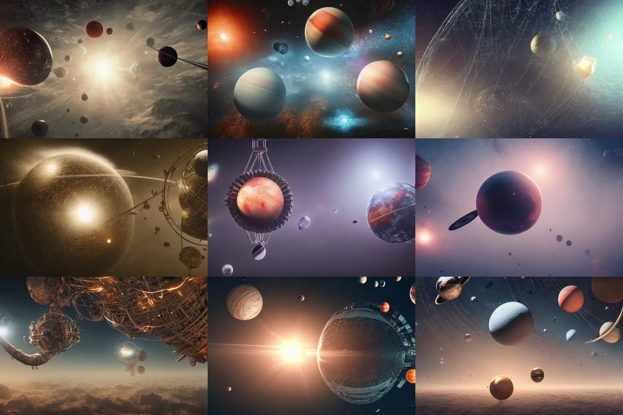 Prompt: newton's cradle made of planets, intricate detail, volumetric lighting, epic composition, hyper detailed, ultra realistic, sharp focus, octane render, volumetric, ray tracing,, sense of awe, swirling mist, 4 k