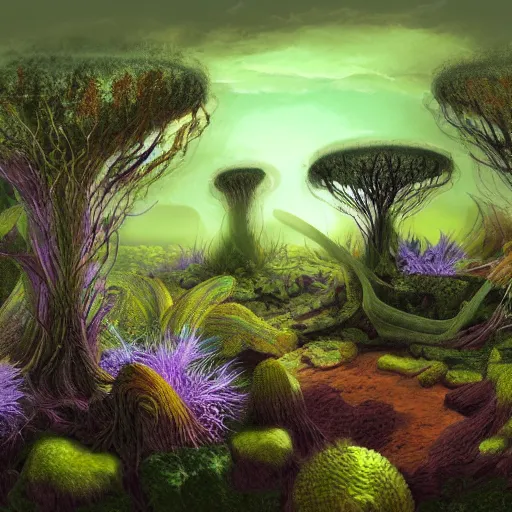 Prompt: a strange, otherworldly landscape with bizarre plants and animals, digital art, harsh lighting