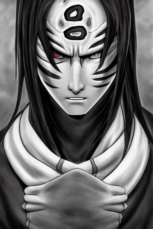 Prompt: orochimaru naruto character portrait, realistic, 4 k, photo realism, black and white, perfect face