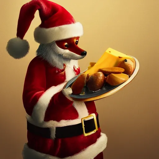 Prompt: A Detailed Award Winning Masterpiece, trending on artstation, 4k, of a fox wearing a santa hat, eating a cheese platter hell hell death murder horror