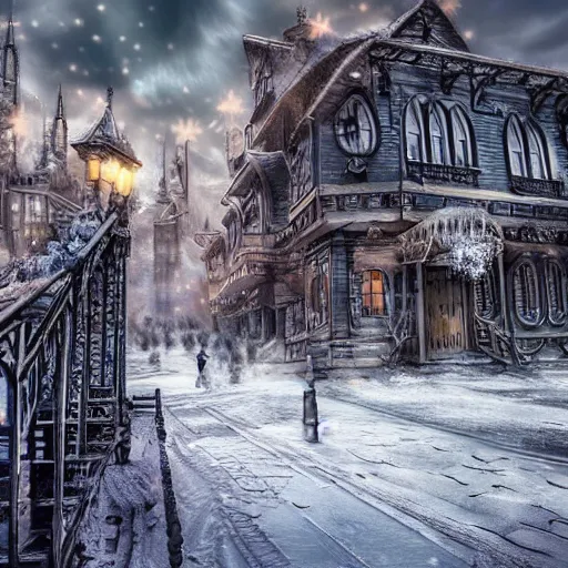 Image similar to frozen steampunk city, hyper realistic photograph