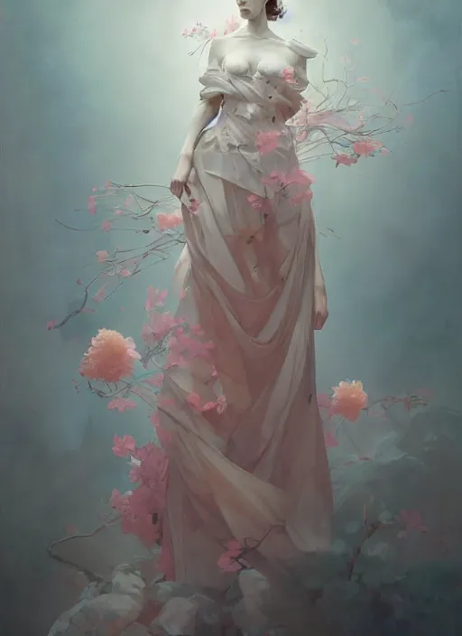 Image similar to character design by james jean, ruan jia, ilya kuvshinov, martine johanna, jakub rebelka ( ( ( portrait of goddess gaea in seductive luxurious flowy flowery dress ) ) ) emerging from lighting and powerful thunder, sharp edges. ultra detailed, majestic, intricate,