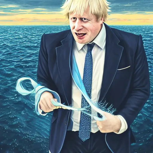 Prompt: Boris Johnson wearing suit and necktie dancing on water, detailed facial features, evokes feelings of joy, beautiful flowing fabric, sunset, dramatic angle, realistic and detailed, by studio trigger, pixiv dslr photo by Makoto Shinkai rossdraws and Wojtek Fus