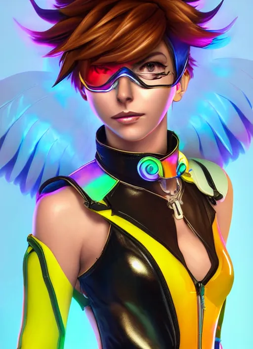 Image similar to portrait bust digital artwork of tracer overwatch, wearing iridescent rainbow latex and leather straps catsuit outfit, neon makeup, in style of mark arian, angel wings, wearing detailed leather collar, chains, black leather harness, detailed face and eyes,