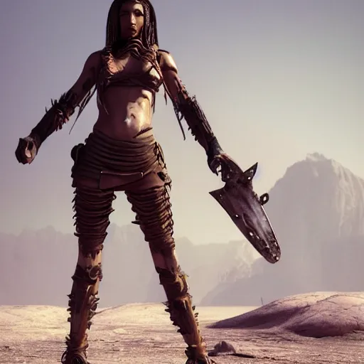 Image similar to beautiful warrior woman, standing in a barren wasteland, futuristic, photo - realistic, ray tracing, 3 d shading, octane render, popular on art station