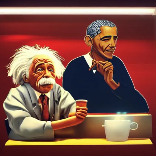 Prompt: Einstein and Obama doing meditation at McDonalds, ultra detailed, photorealistic, dramatic lighting