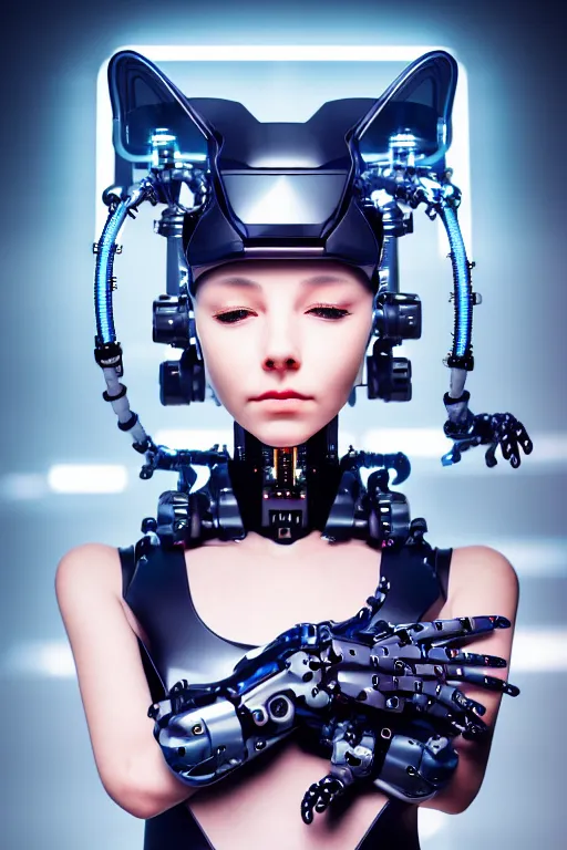 Image similar to cybernetic high tech girl with real cat on her head, sci - fi, cyberpunk, futurism, exoskeleton, strong artificial intelligence, symmetry, cinematic, elegant, luxury, professional studio light, perfect composition, dlsr photography, sharp focus, 8 k, ultra hd, sense of awe, highly detailed, hyper realistic, intricate, science journal cover