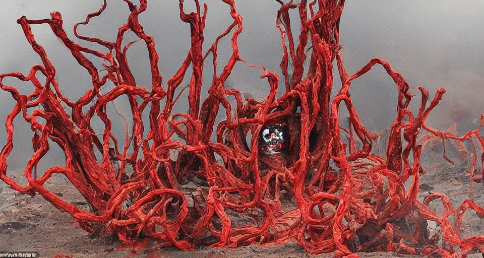 Prompt: a volcano made of ivory vines and crimson rocks enters in eruption, it spits a smoke in the shape of demonic eye, by Zeng Fanzhi