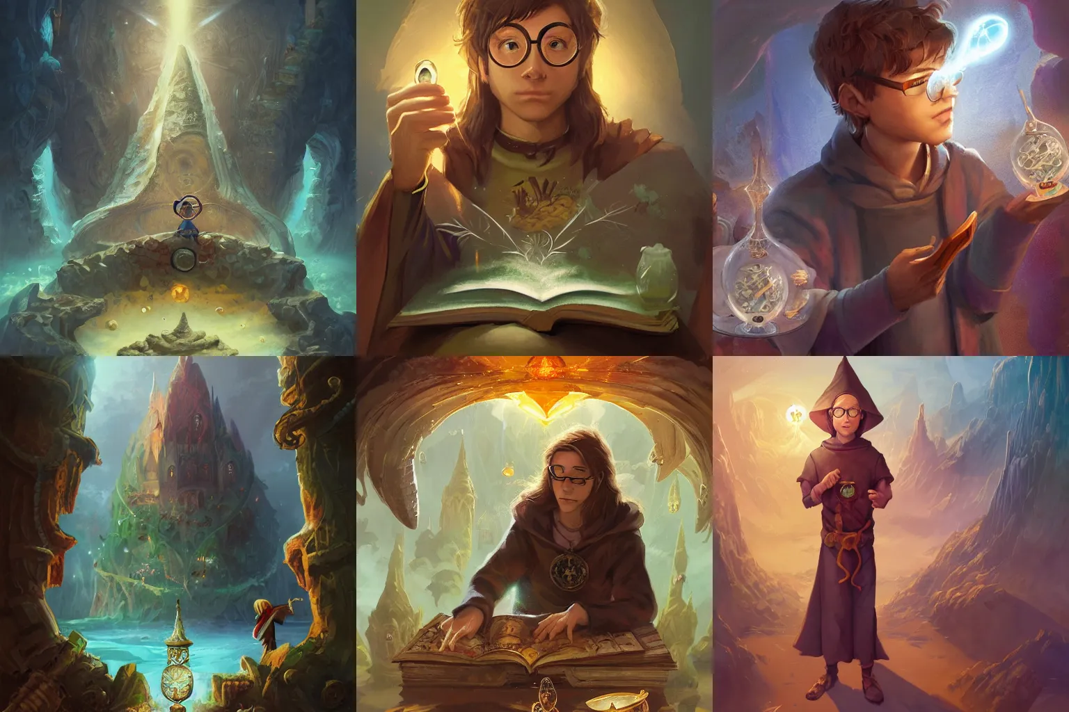 Prompt: a book cover featuring young wizard with brown hair and glasses, the wizard is examining mana diagrams in the shape of hourglasses, marc simonetti, anato finnstark, randy vargas, diego gisbert llorens, bayard wu, fantasy concept art, trending on artstation, 4k
