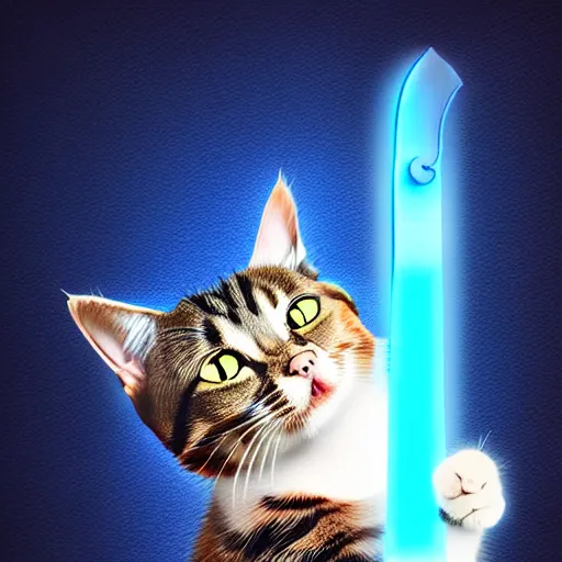 Image similar to Cat holding a glowing blue sword , digital art , 4k