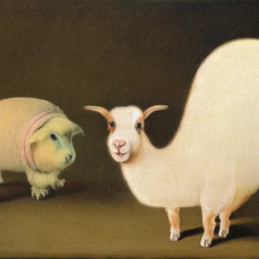 Prompt: oil painting by george stubbs of a llama and a guinea pig.