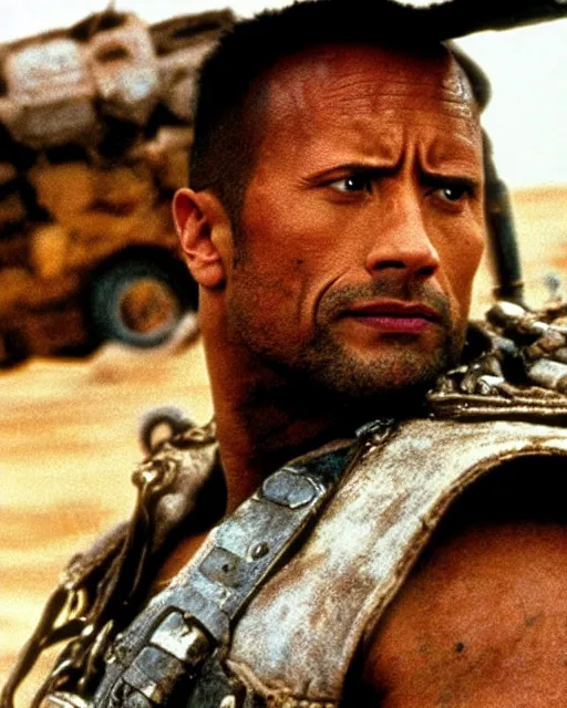 Image similar to film still close up shot of dwayne johnson as max rockatansky in the movie mad max 2 the road warrior. photographic, photography