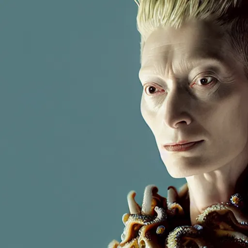 Image similar to closeup studio photograph of tilda swinton as an octopus, dramatic lighting, edited in photoshop