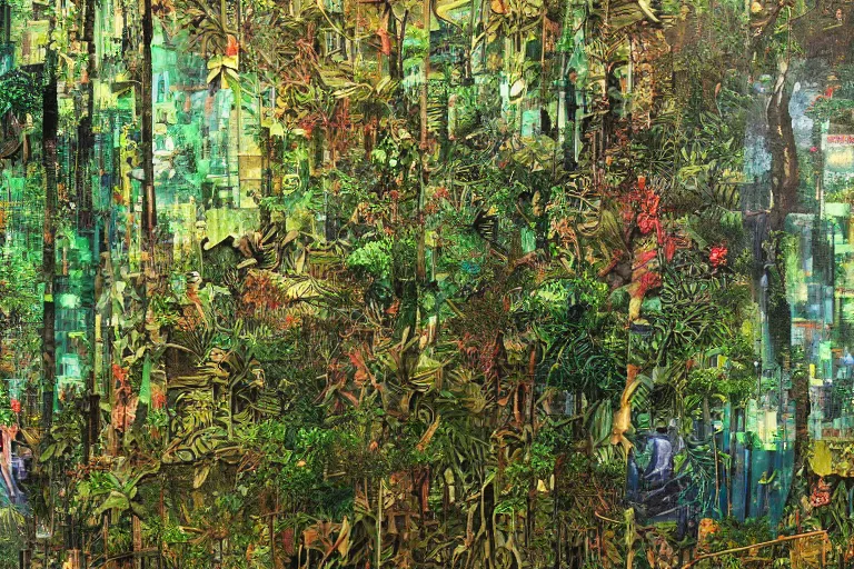 Prompt: a huge lcd monitor in an ancient lush forest, oil decollage, intricate, glitch colours, large patches of plain colours, hyper detailed