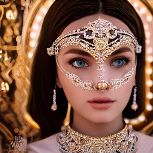 Image similar to portrait of pretty princess with perfect skin, glowing, ornate and intricate diamond jewelry, jaw dropping beauty, ornate and intricate backdrop, white accent lighting, hyper detailed, 4 k octane render