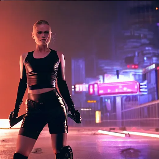Image similar to anna paquin starring in a cyberpunk movie in a distopic futuristic city in the style of bladerunner, wearing a cropped black tank top, mini shorts and black boots, firing a gun, muzzle flash, movie still, highly detailed, rainy night, volumetric lights, studio lighting, dramatic, scifi, sharp focus