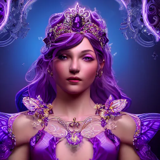 Image similar to portrait princess of amethyst, glowing, ornate and intricate purple jewelry, jaw dropping beauty, glowing background lighting, purple accent lighting, hyper detailed, fairy tale, 4 k octane render