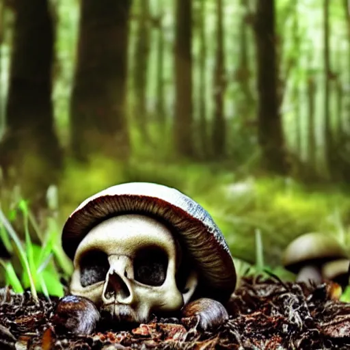 Prompt: mushrooms growing through a human skull in the woods