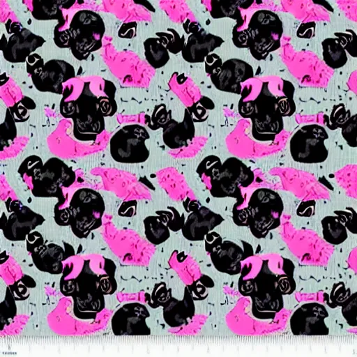 Prompt: seamless tileable pattern of black skulls and pink horses jacquard