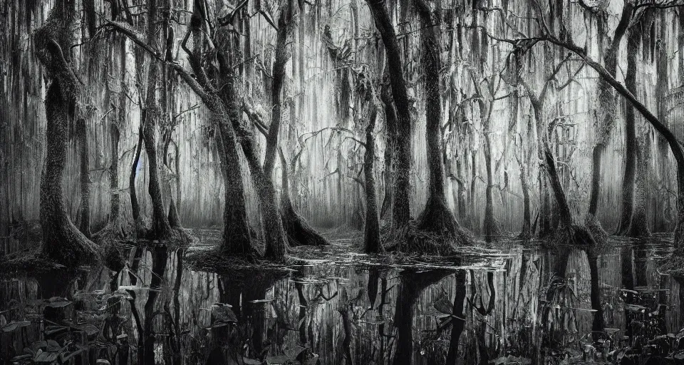 Image similar to A dense and dark enchanted forest with a swamp, by Jason De Graaf