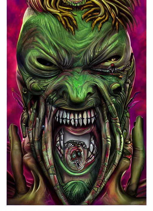 Prompt: a grotesque cyborg demon with dreadlocks telling a joke, airbrush art, shamanic horror lsd art, by basuki abdullah