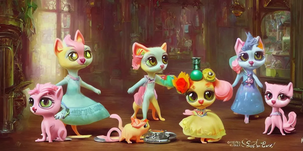 Prompt: 3 d littlest pet shop cat, vintage gothic gown, gumball machine, master painter and art style of noel coypel, art of emile eisman - semenowsky, art of edouard bisson