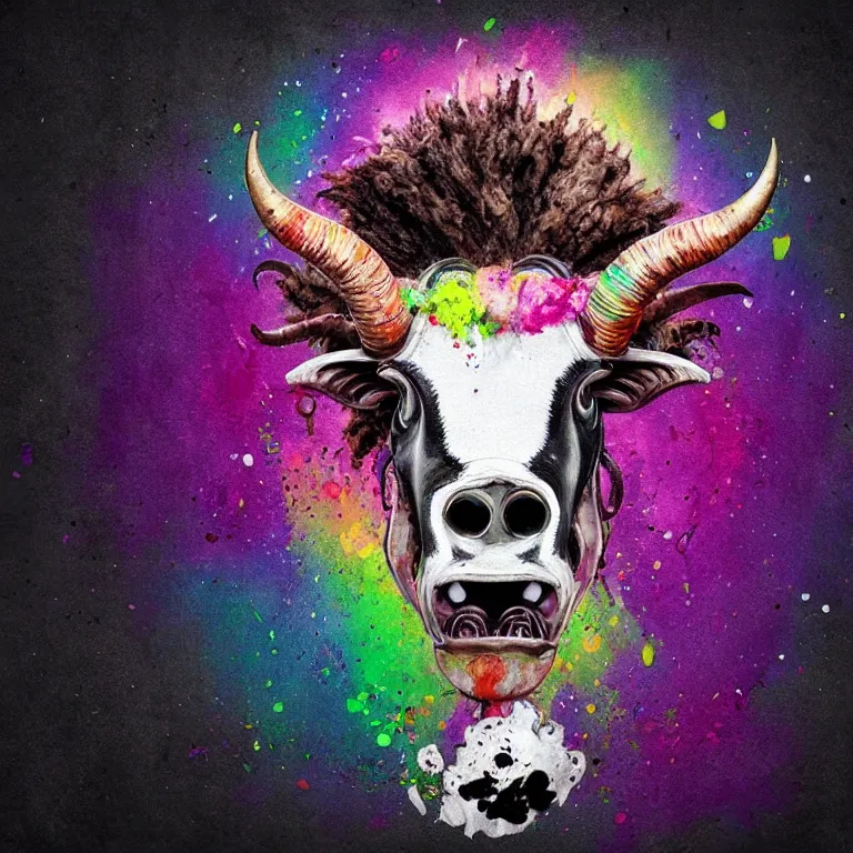 Prompt: cute xenomorph, cow head, lion mane, pig nose, sheep horns, splatter paint, desaturated rainbow color palette, symmetrical, full front